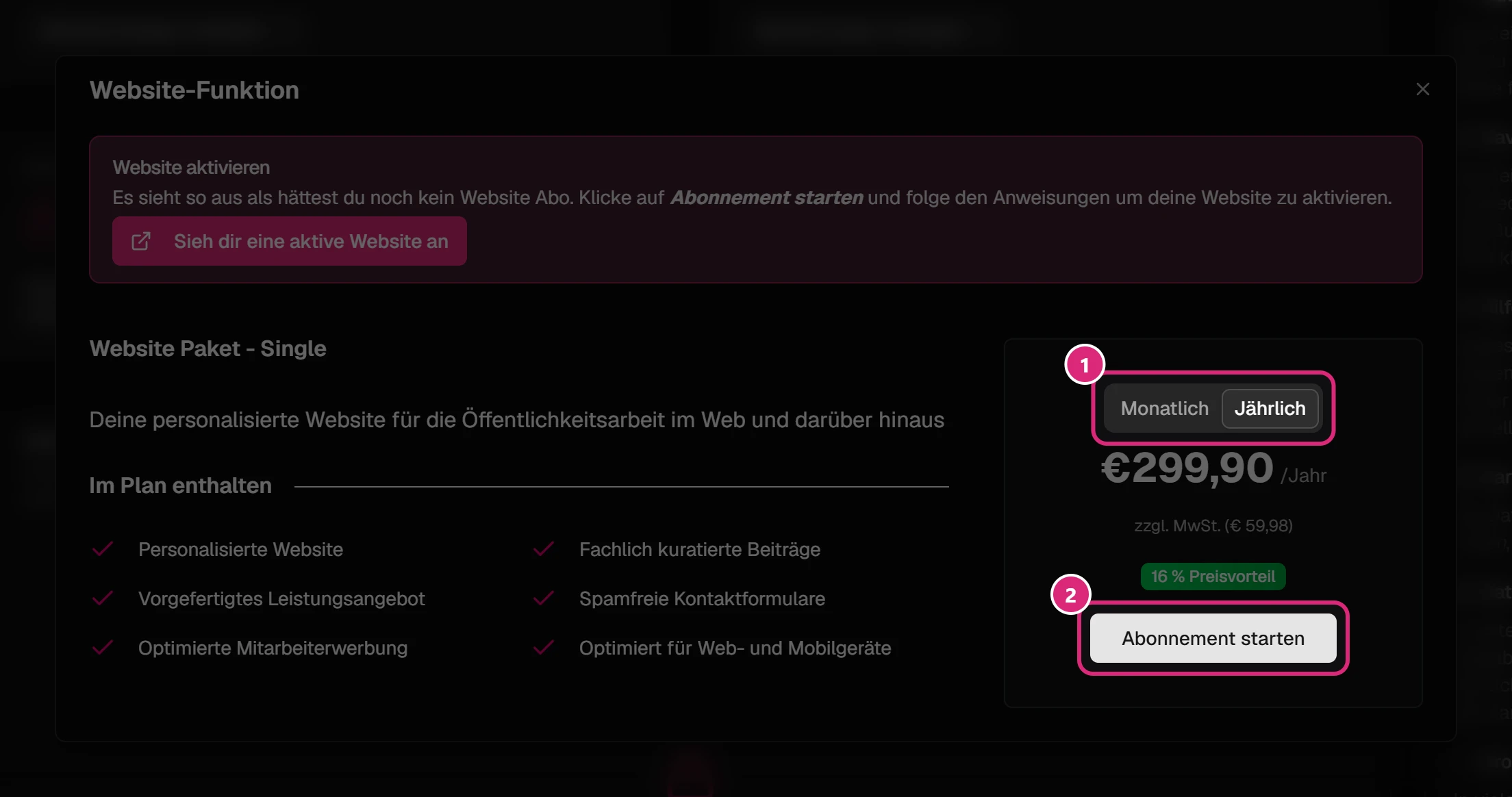 Dialog 'Website-Funktion' mit dem Website Paket: Auswahl Monatlich/Jährlich (1) und Schaltfläche 'Abonnement starten' (2)