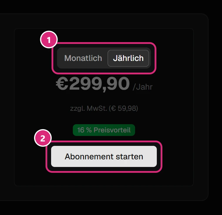 Preisbereich des Website-Pakets: Auswahl Monatlich/Jährlich (1) und Schaltfläche 'Abonnement starten' (2)
