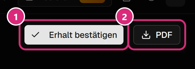 Knöpfe 'Erhalt bestätigen' (1) und 'PDF' (2) oben rechts in der Anfrage