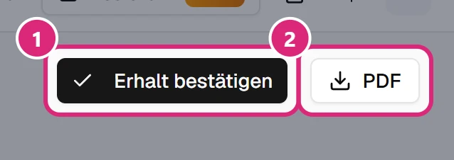 Knöpfe 'Erhalt bestätigen' (1) und 'PDF' (2) oben rechts in der Anfrage