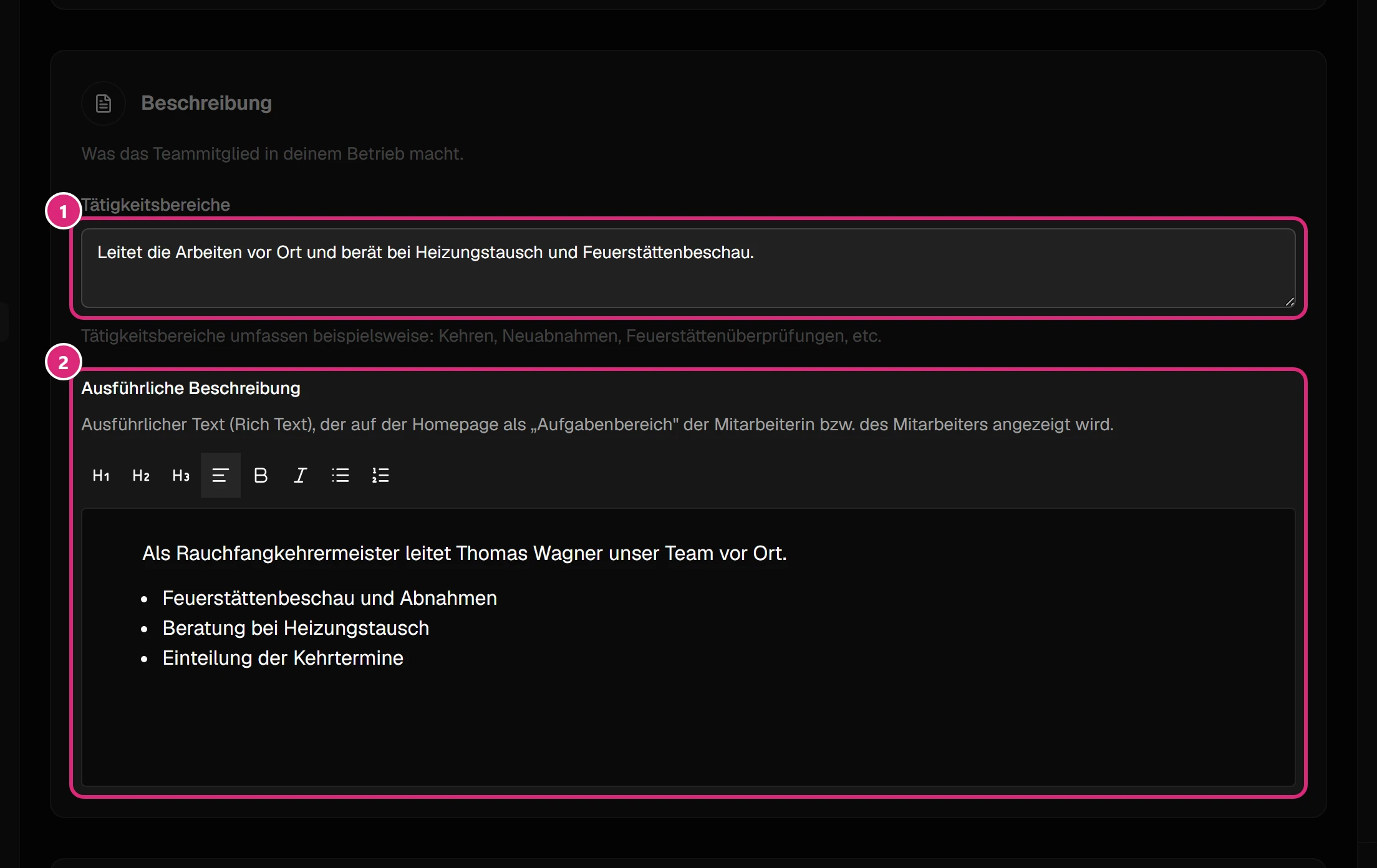 Karte 'Beschreibung': Feld 'Tätigkeitsbereiche' (1) und Editor 'Ausführliche Beschreibung' mit einem Absatz und einer Aufzählung (2)