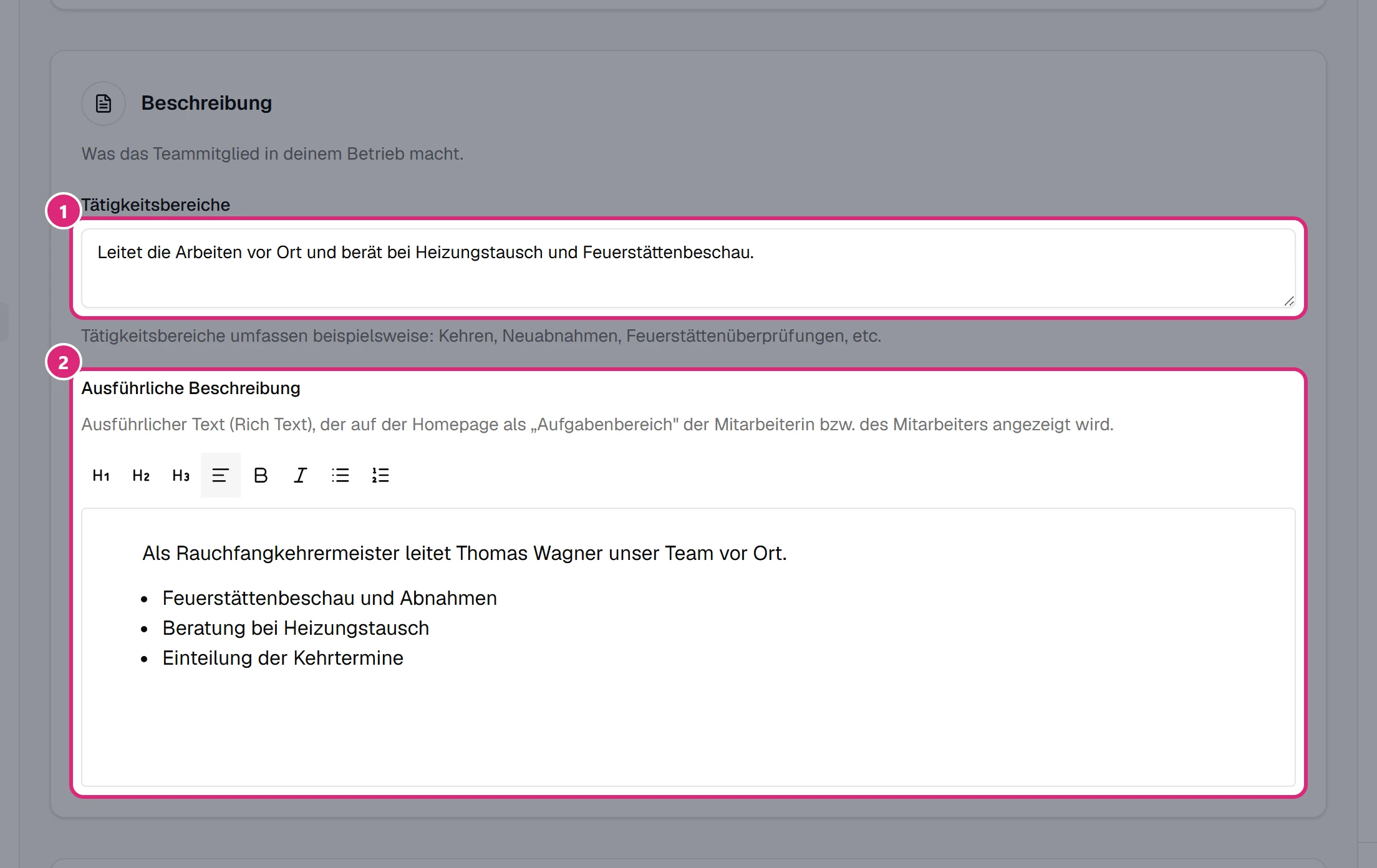 Karte 'Beschreibung': Feld 'Tätigkeitsbereiche' (1) und Editor 'Ausführliche Beschreibung' mit einem Absatz und einer Aufzählung (2)