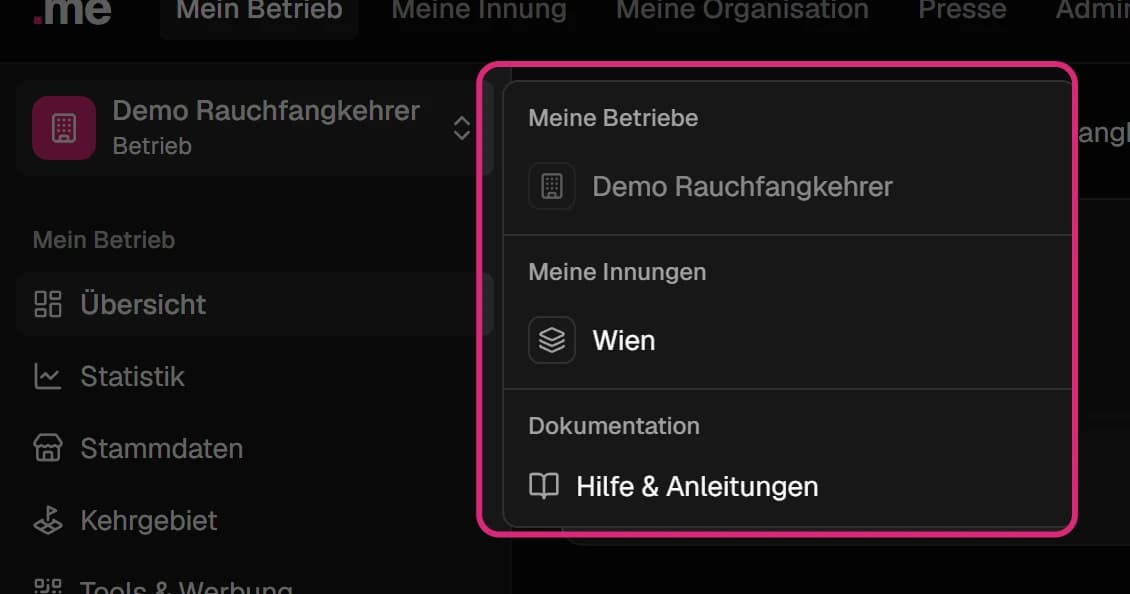 Geöffnete Liste neben dem Namen des Betriebs: 'Meine Betriebe', 'Meine Innungen' und 'Hilfe & Anleitungen'