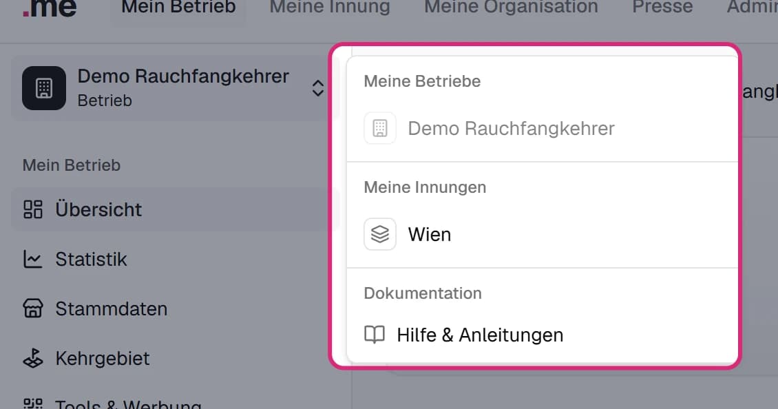 Geöffnete Liste neben dem Namen des Betriebs: 'Meine Betriebe', 'Meine Innungen' und 'Hilfe & Anleitungen'