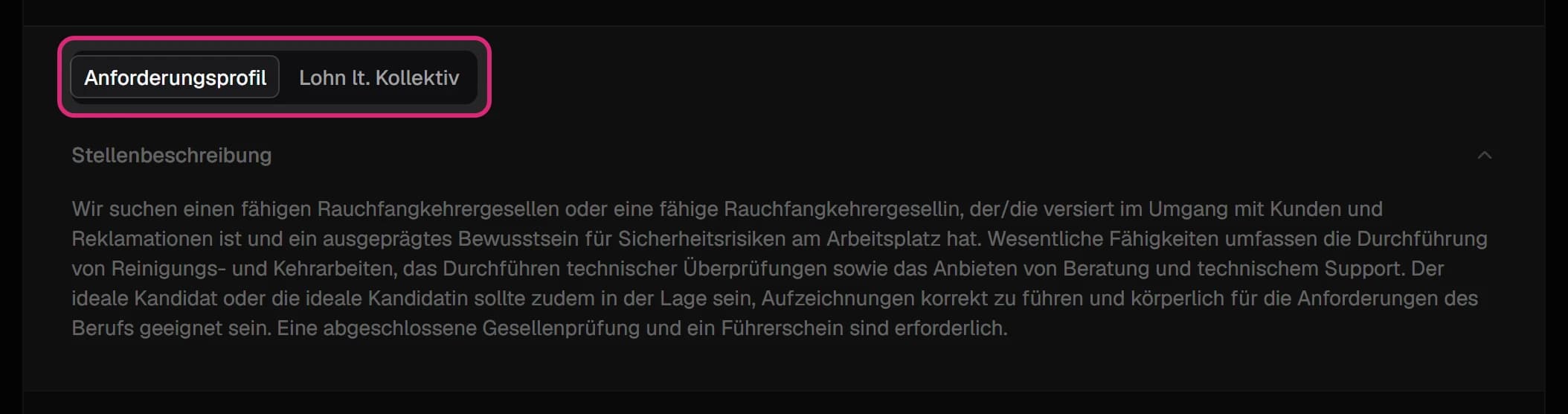 Aufgeklappte Stelle mit den Reitern 'Anforderungsprofil' und 'Lohn lt. Kollektiv' und der Stellenbeschreibung