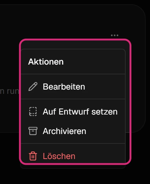 Geöffnetes Menü 'Aktionen' eines Termins mit 'Bearbeiten', 'Auf Entwurf setzen', 'Archivieren' und 'Löschen'