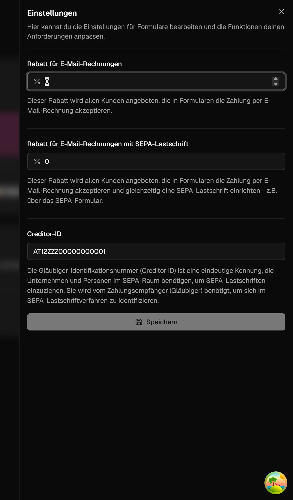 Fenster 'Einstellungen' mit den Feldern 'Rabatt für E-Mail-Rechnungen', 'Rabatt für E-Mail-Rechnungen mit SEPA-Lastschrift' und 'Creditor-ID', darunter 'Speichern'