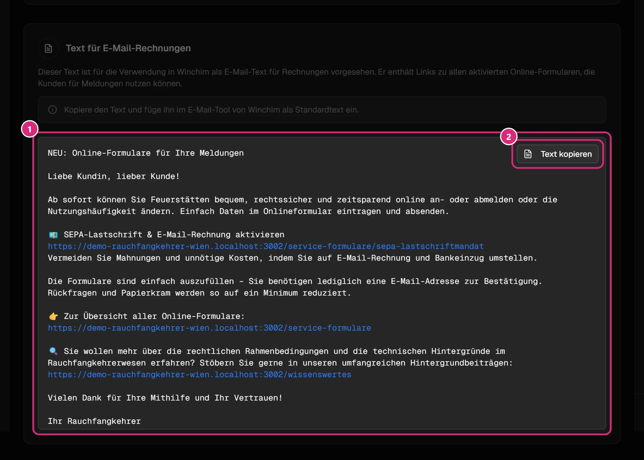 Karte 'Text für E-Mail-Rechnungen' mit dem fertigen Text 'NEU: Online-Formulare für Ihre Meldungen' und Links zu den Online-Formularen (1) und dem Knopf 'Text kopieren' (2)