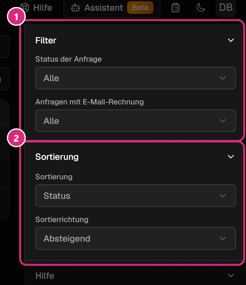 Seitenleiste mit dem Bereich 'Filter' (1) mit 'Status der Anfrage' und 'Anfragen mit E-Mail-Rechnung' sowie dem Bereich 'Sortierung' (2) mit 'Sortierung' und 'Sortierrichtung'