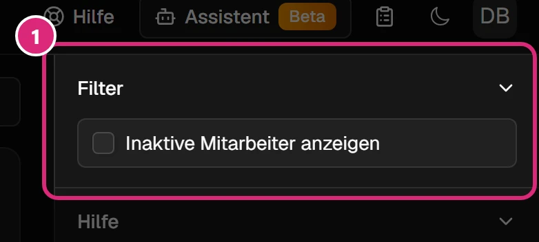 Bereich 'Filter' in der rechten Seitenleiste mit dem Kontrollkästchen 'Inaktive Mitarbeiter anzeigen' (1)