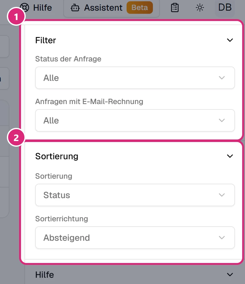 Seitenleiste mit dem Bereich 'Filter' (1) mit 'Status der Anfrage' und 'Anfragen mit E-Mail-Rechnung' sowie dem Bereich 'Sortierung' (2) mit 'Sortierung' und 'Sortierrichtung'