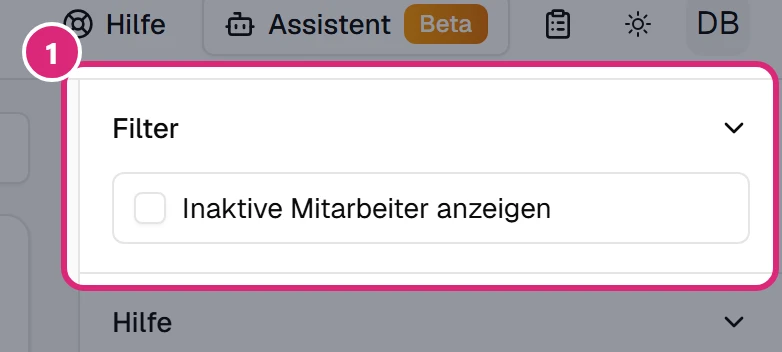 Bereich 'Filter' in der rechten Seitenleiste mit dem Kontrollkästchen 'Inaktive Mitarbeiter anzeigen' (1)