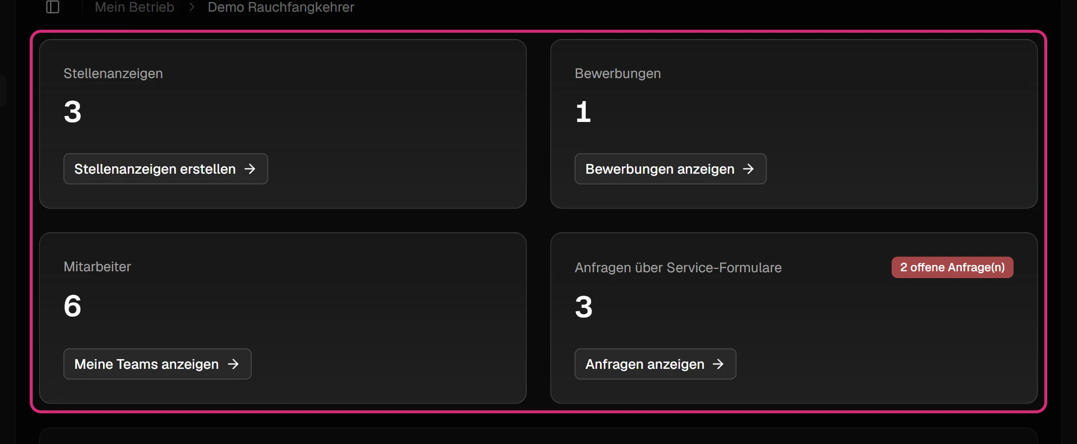 Vier Karten: Stellenanzeigen mit 'Stellenanzeigen erstellen', Bewerbungen mit 'Bewerbungen anzeigen', Mitarbeiter mit 'Meine Teams anzeigen' und Anfragen über Service-Formulare mit dem Abzeichen '2 offene Anfrage(n)' und 'Anfragen anzeigen'