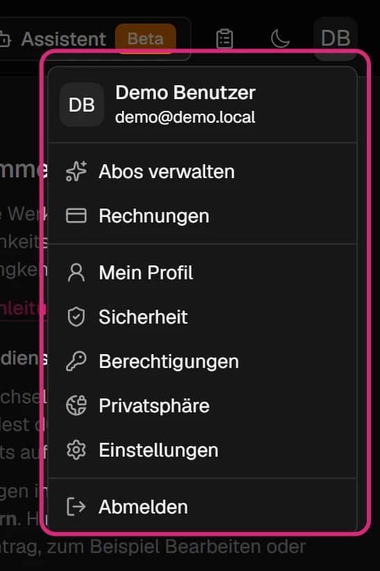 Geöffnetes Konto-Menü mit Name und E-Mail, 'Abos verwalten', 'Rechnungen', 'Mein Profil', 'Sicherheit', 'Berechtigungen', 'Privatsphäre', 'Einstellungen' und 'Abmelden'