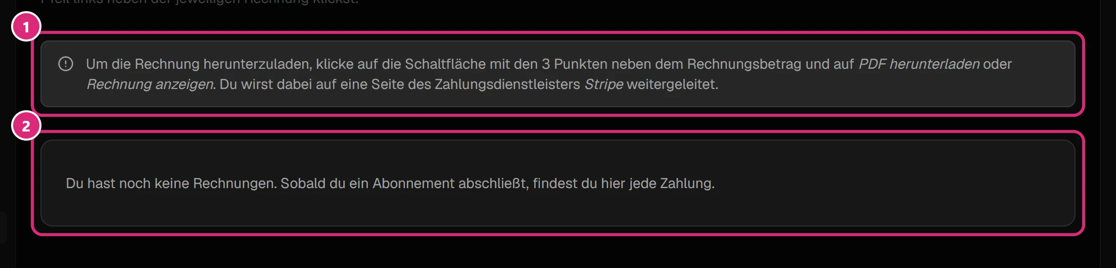 Hinweis zum Herunterladen (1) und die Liste der Rechnungen (2), hier noch ohne Rechnungen