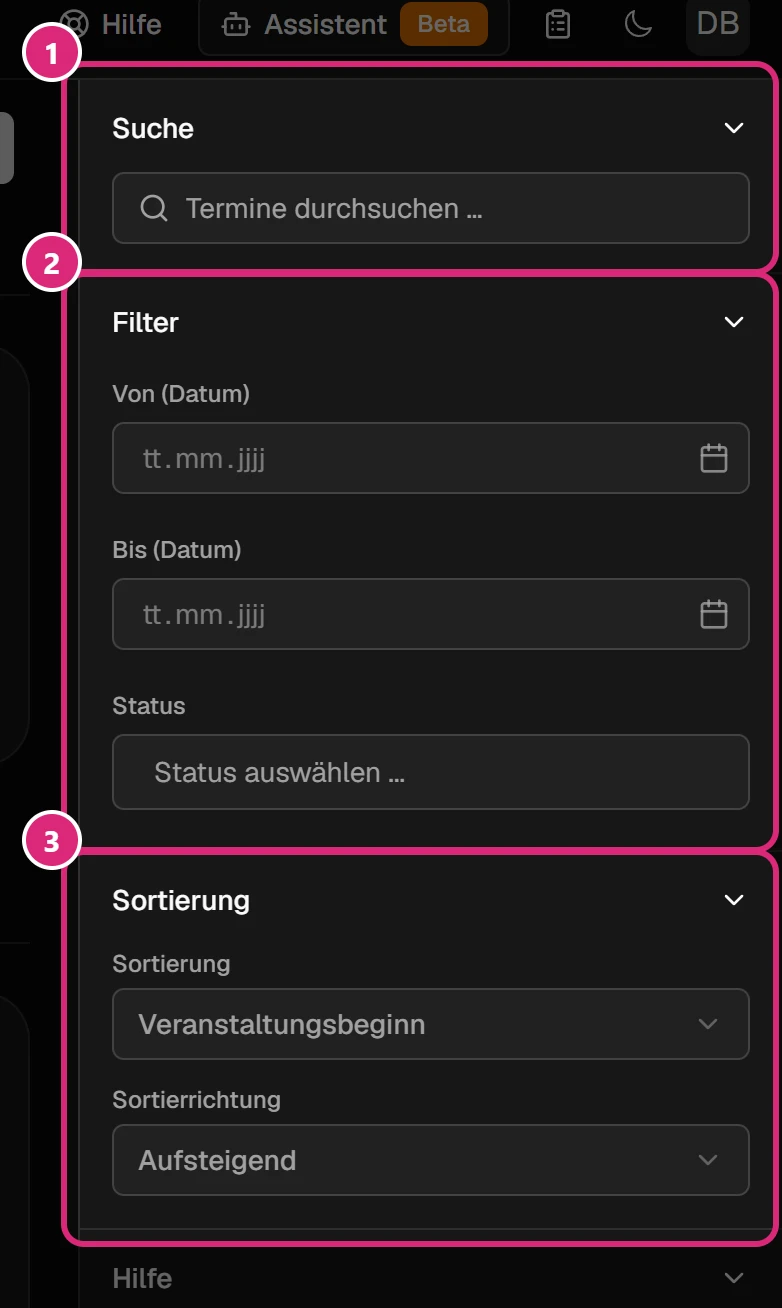 Rechte Spalte der Seite Termine: 'Suche' (1), 'Filter' mit Zeitraum und Status (2) und 'Sortierung' (3)