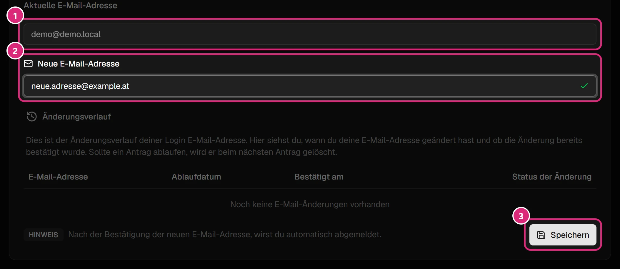 Karte 'Login E-Mail': Feld 'Aktuelle E-Mail-Adresse' (1), Feld 'Neue E-Mail-Adresse' mit grünem Häkchen (2), unten 'Speichern' (3)