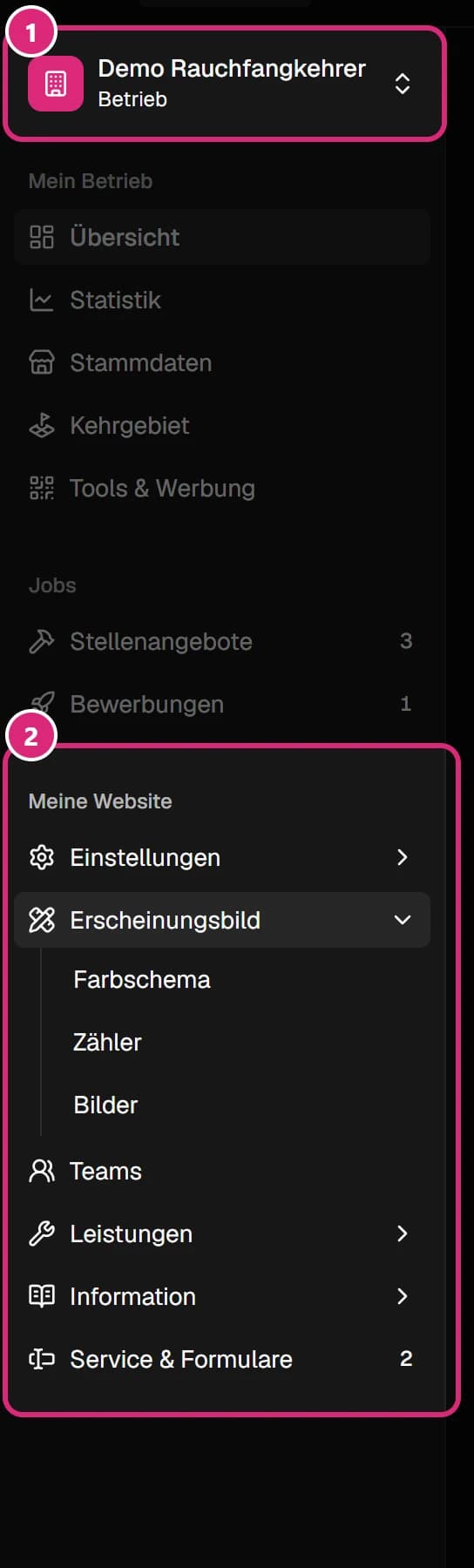 Menü links: oben der Name des Betriebs (1), darunter die Gruppe 'Meine Website' mit dem aufgeklappten Punkt 'Erscheinungsbild' (2)