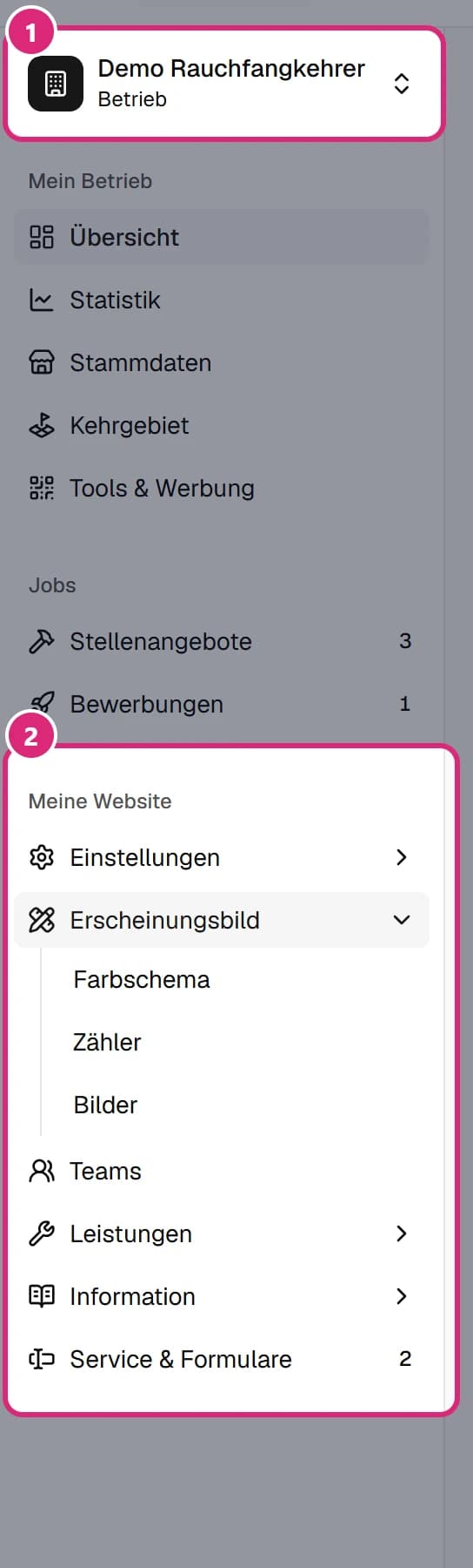 Menü links: oben der Name des Betriebs (1), darunter die Gruppe 'Meine Website' mit dem aufgeklappten Punkt 'Erscheinungsbild' (2)