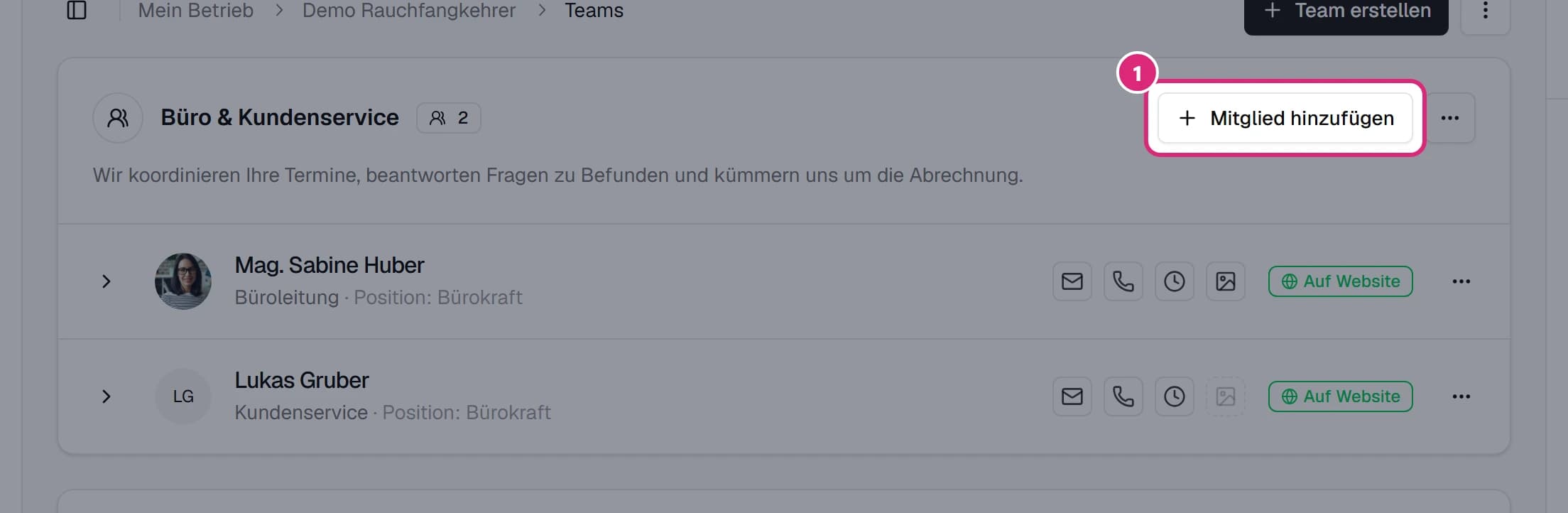 Teamkarte 'Büro & Kundenservice' mit der Schaltfläche 'Mitglied hinzufügen' (1)