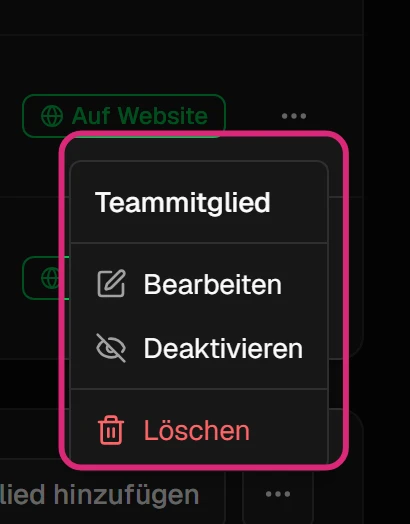 Geöffnetes Menü '…' einer Zeile mit 'Bearbeiten', 'Deaktivieren' und 'Löschen'
