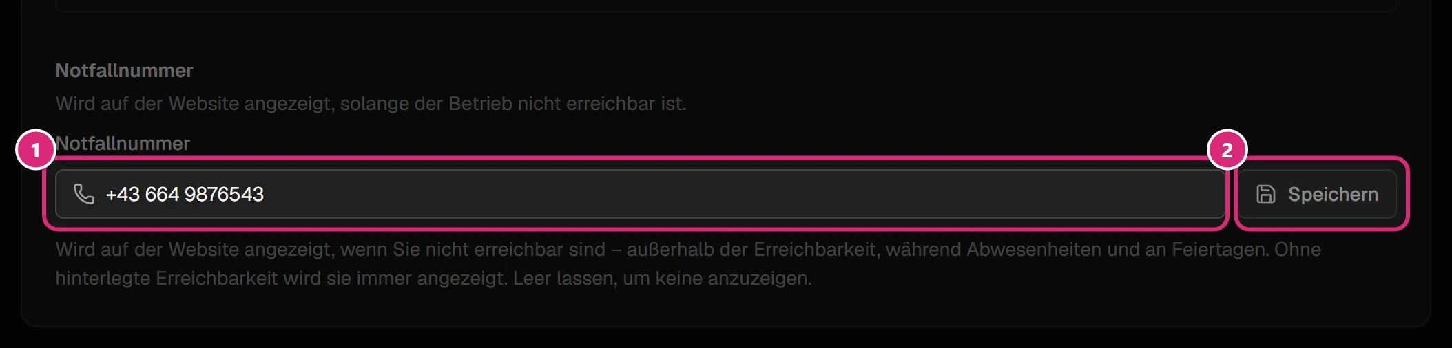 Bereich 'Notfallnummer' mit dem Eingabefeld (1) und der Schaltfläche 'Speichern' (2)