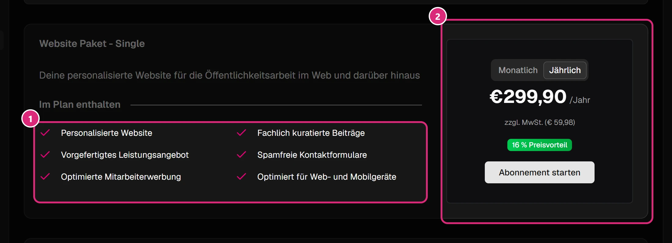 Karte 'Website Paket - Single': Liste 'Im Plan enthalten' (1) und rechts der Preisbereich (2)