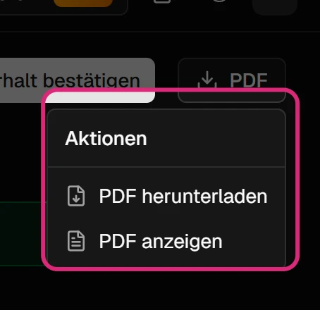 Geöffnetes Menü 'PDF' mit 'PDF herunterladen' und 'PDF anzeigen'