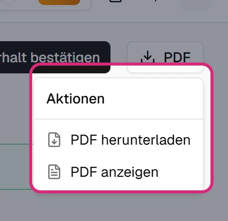 Geöffnetes Menü 'PDF' mit 'PDF herunterladen' und 'PDF anzeigen'