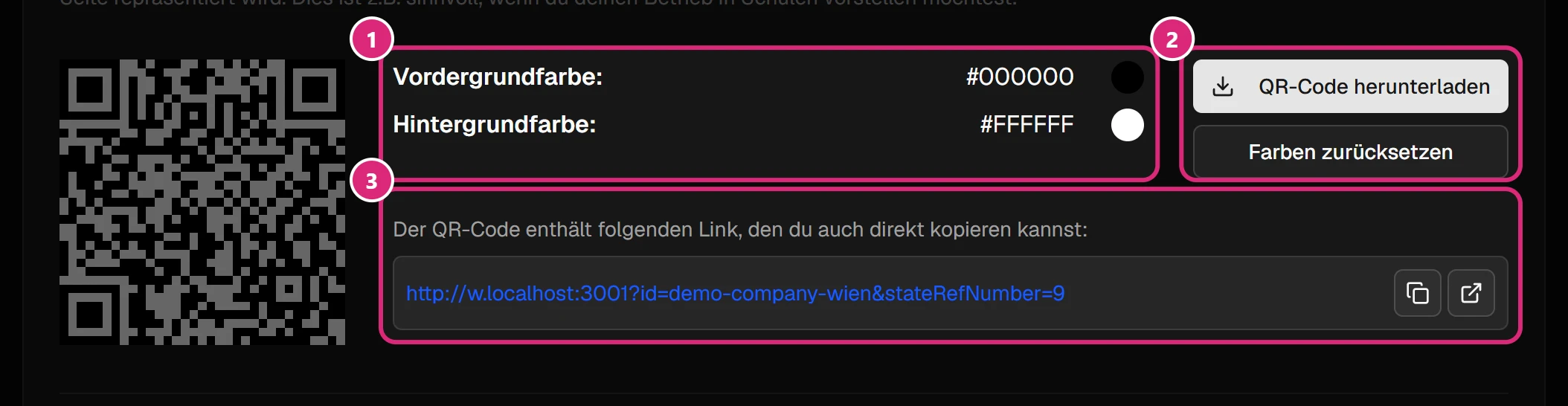 QR-Code für echte-schwarzarbeit.at mit Vorder- und Hintergrundfarbe (1), 'QR-Code herunterladen' und 'Farben zurücksetzen' (2) und dem enthaltenen Link mit Kopieren- und Öffnen-Symbol (3)