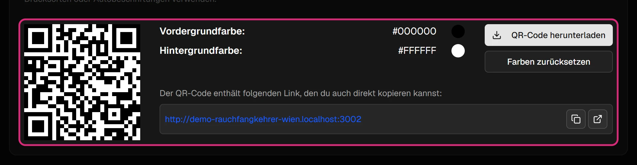 QR-Code für die persönliche Firmenwebsite mit Farbwahl, 'QR-Code herunterladen', 'Farben zurücksetzen' und dem Link zur Website