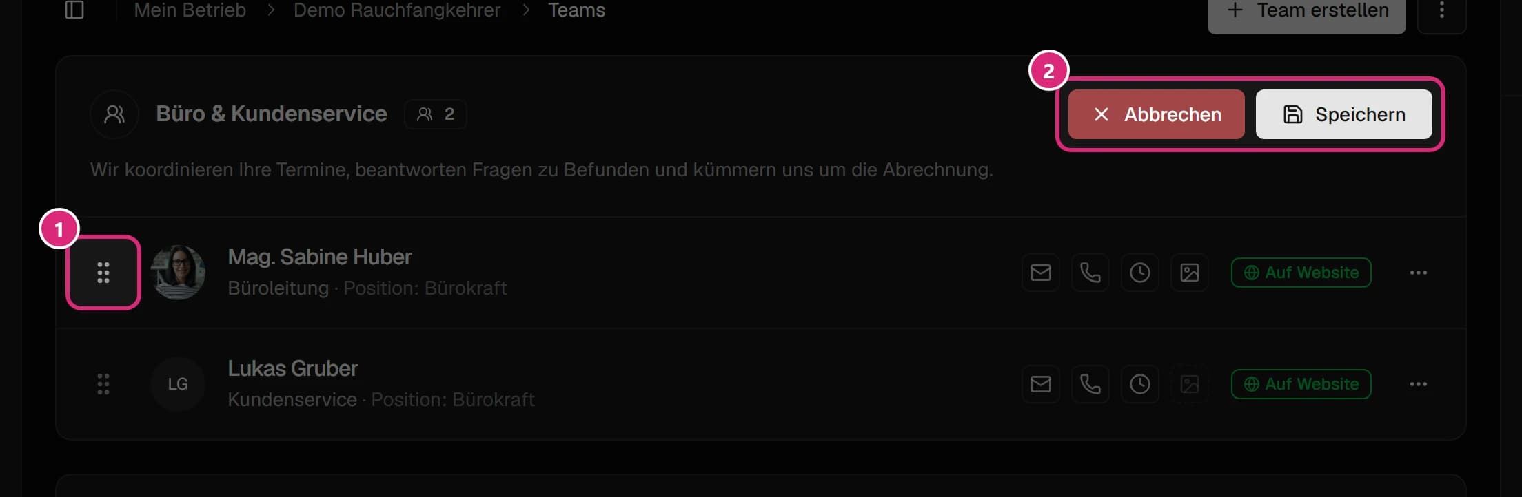 Teamkarte im Sortiermodus: Griff links in der Zeile von Sabine Huber (1) sowie 'Abbrechen' und 'Speichern' oben rechts (2)