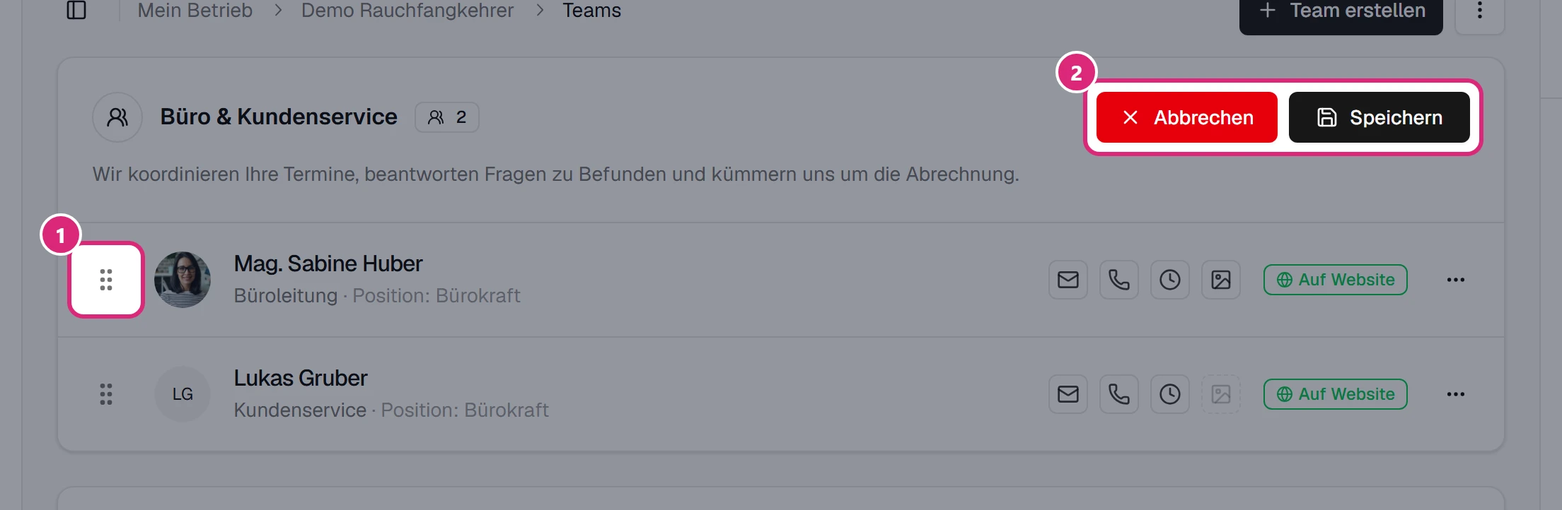 Teamkarte im Sortiermodus: Griff links in der Zeile von Sabine Huber (1) sowie 'Abbrechen' und 'Speichern' oben rechts (2)