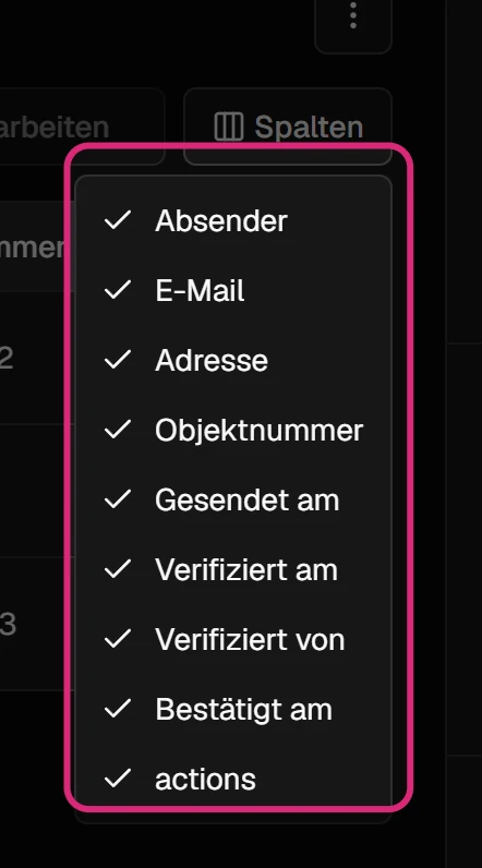 Geöffnetes Menü 'Spalten' mit Häkchen bei 'Absender', 'E-Mail', 'Adresse', 'Objektnummer', 'Gesendet am', 'Verifiziert am', 'Verifiziert von', 'Bestätigt am' und 'actions'