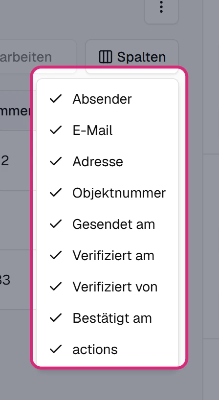 Geöffnetes Menü 'Spalten' mit Häkchen bei 'Absender', 'E-Mail', 'Adresse', 'Objektnummer', 'Gesendet am', 'Verifiziert am', 'Verifiziert von', 'Bestätigt am' und 'actions'