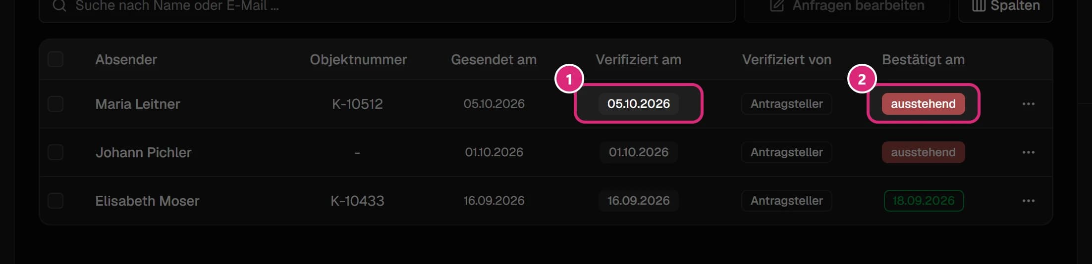 Tabelle mit den Spalten 'Absender', 'Objektnummer', 'Gesendet am', 'Verifiziert am' (1, Datum), 'Verifiziert von' und 'Bestätigt am' (2, rotes Abzeichen 'ausstehend'); die dritte Anfrage trägt bei 'Bestätigt am' ein grünes Datum