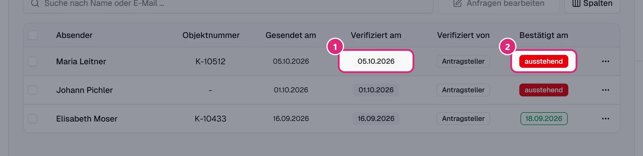 Tabelle mit den Spalten 'Absender', 'Objektnummer', 'Gesendet am', 'Verifiziert am' (1, Datum), 'Verifiziert von' und 'Bestätigt am' (2, rotes Abzeichen 'ausstehend'); die dritte Anfrage trägt bei 'Bestätigt am' ein grünes Datum