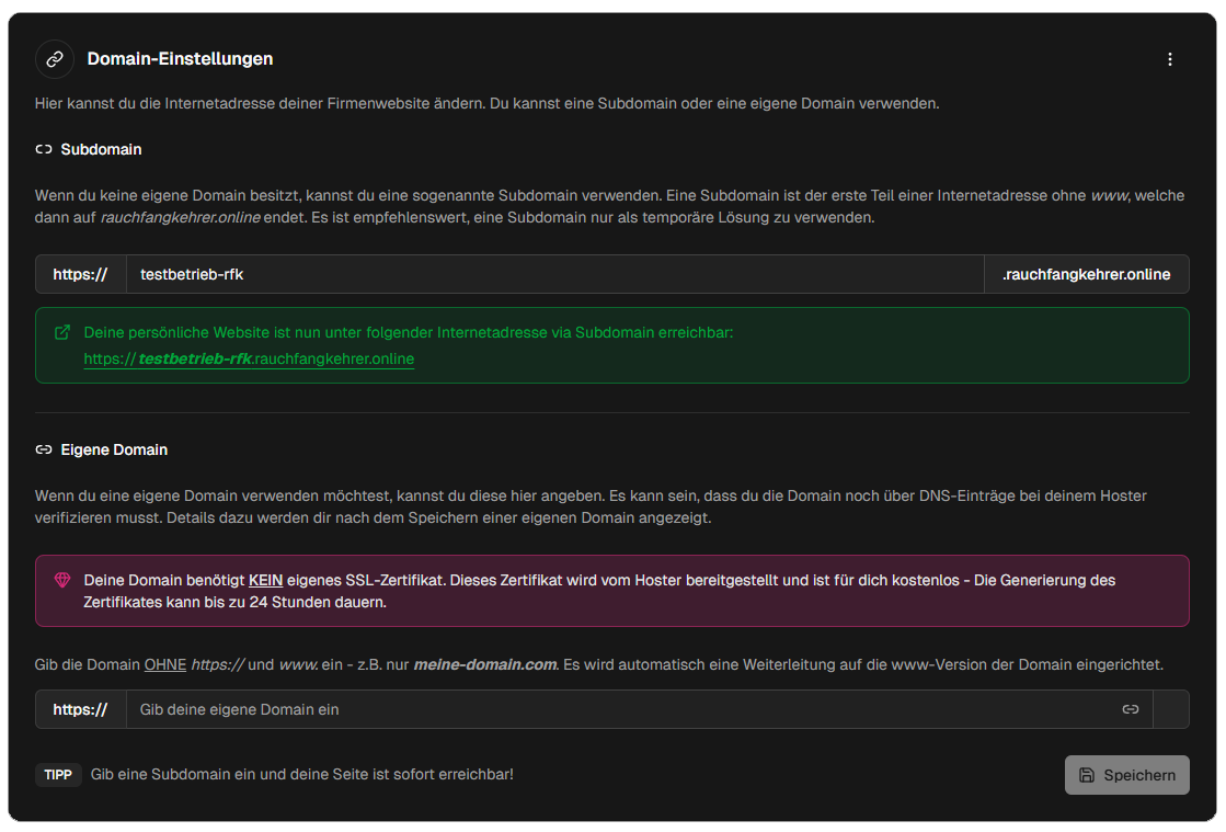 Subdomain-Eingabefeld mit Speichern-Button und grüner Erfolgsmeldung mit Link zur aktiven Website