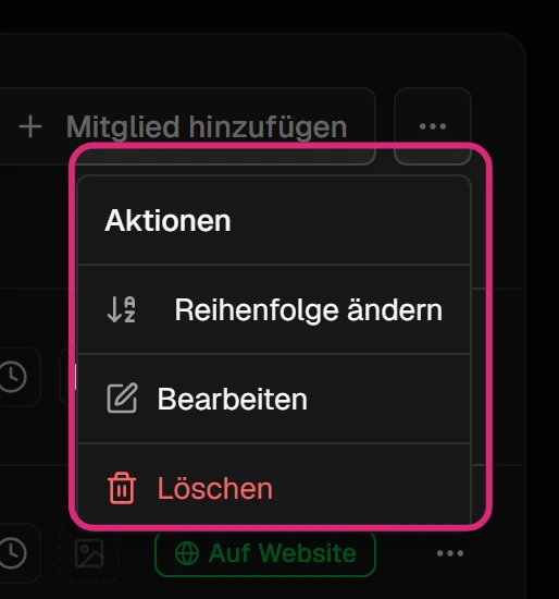 Geöffnetes Menü '…' einer Teamkarte mit 'Reihenfolge ändern', 'Bearbeiten' und 'Löschen'