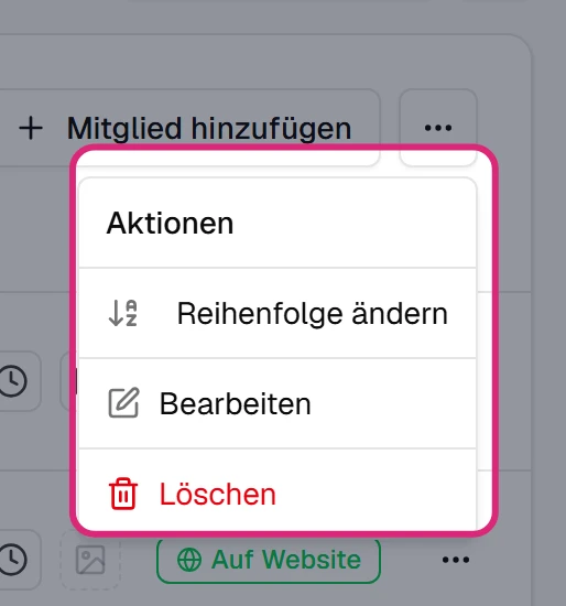 Geöffnetes Menü '…' einer Teamkarte mit 'Reihenfolge ändern', 'Bearbeiten' und 'Löschen'