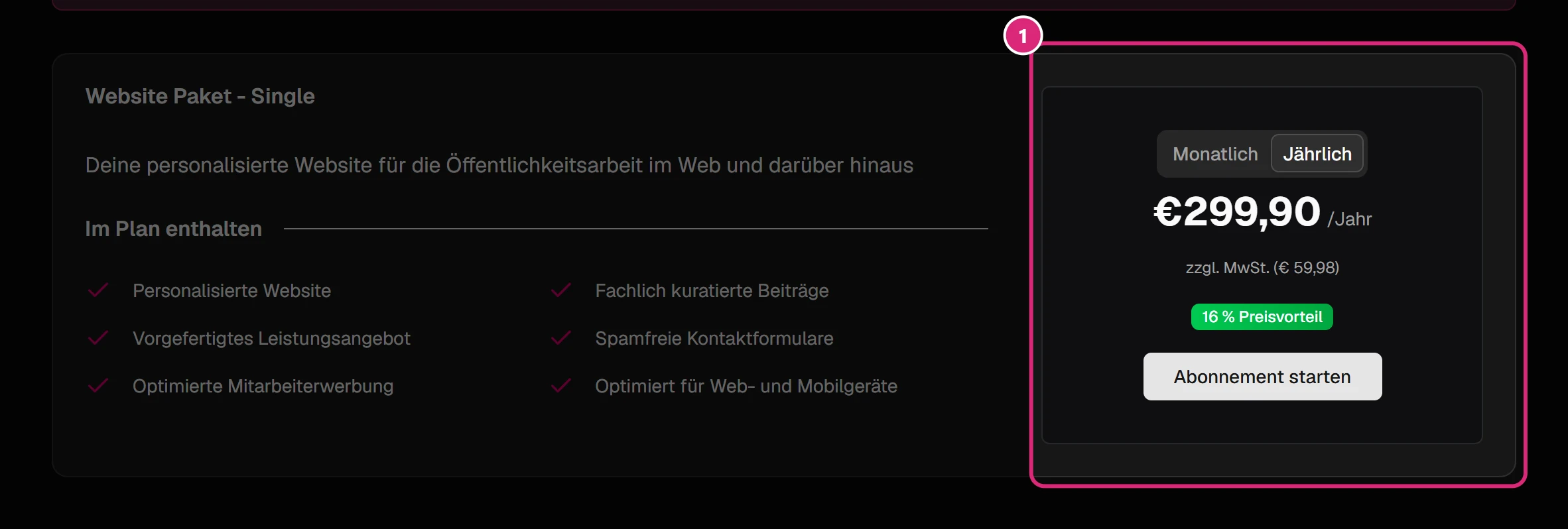 Seite 'Website Abo' unter Meine Website: Website Paket mit Leistungen links und Preisbereich mit Monatlich/Jährlich und 'Abonnement starten' rechts (1)