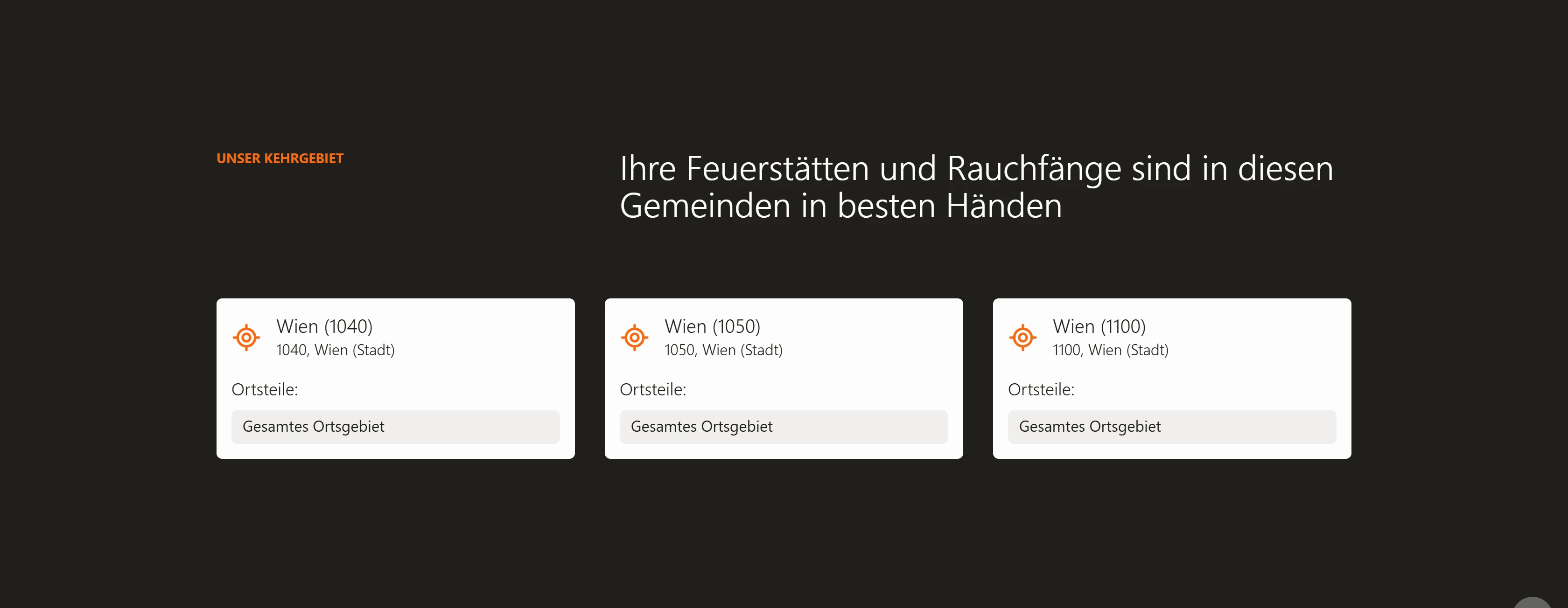 Bereich 'Unser Kehrgebiet' auf der Startseite der Betriebs-Website: 'Ihre Feuerstätten und Rauchfänge sind in diesen Gemeinden in besten Händen', darunter drei Karten 'Wien (1040)', 'Wien (1050)' und 'Wien (1100)', jeweils mit 'Ortsteile: Gesamtes Ortsgebiet'