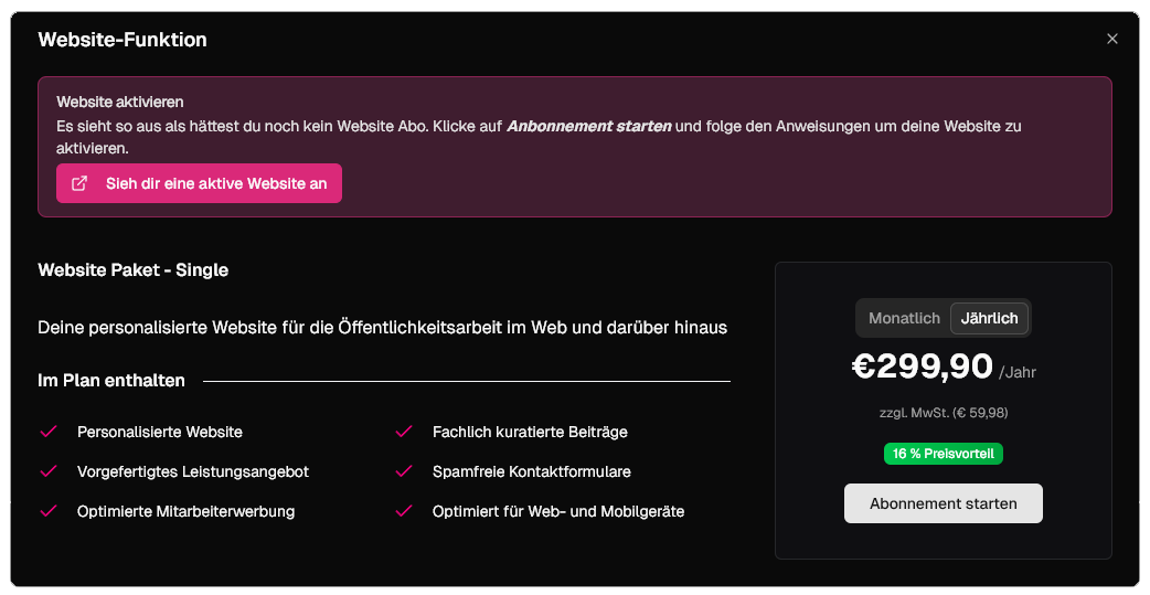 Aktivierungs-Dialog mit Abonnement-Informationen und 'Abonnement starten'-Schaltfläche