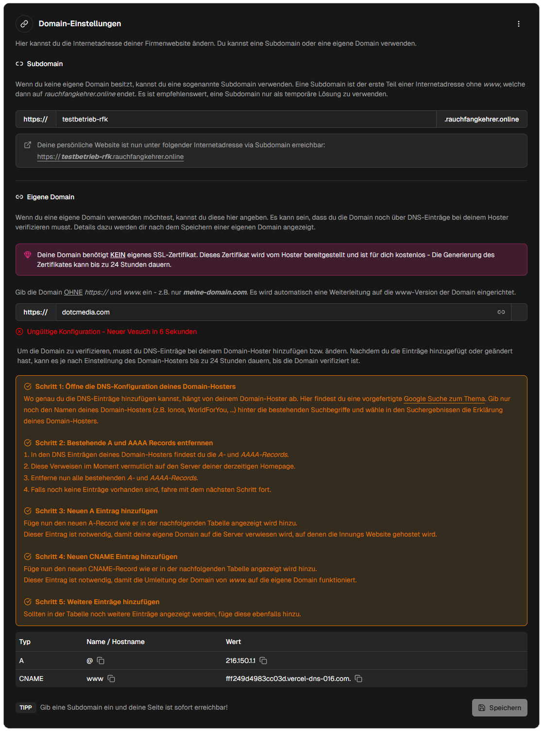 Domain-Status „Wird verifiziert“ – gelbe/orange Anzeige, die Plattform prüft die DNS-Einträge