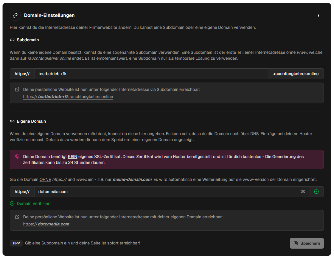 Domain verifiziert – grüner Haken zeigt an, dass die Website über die eigene Domain erreichbar ist