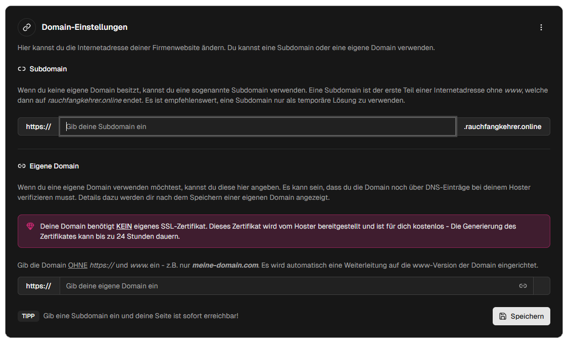 Domain-Ansicht mit Subdomain-Eingabefeld – hier kannst du eine Subdomain hinzufügen und deine Website aktivieren