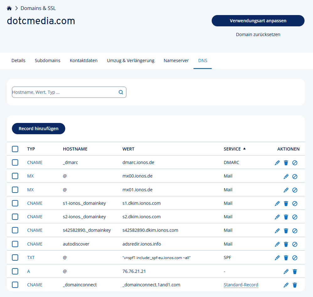 Beispiel: IONOS DNS-Verwaltungsseite – Übersicht der DNS-Einträge, hier werden neue Einträge hinzugefügt