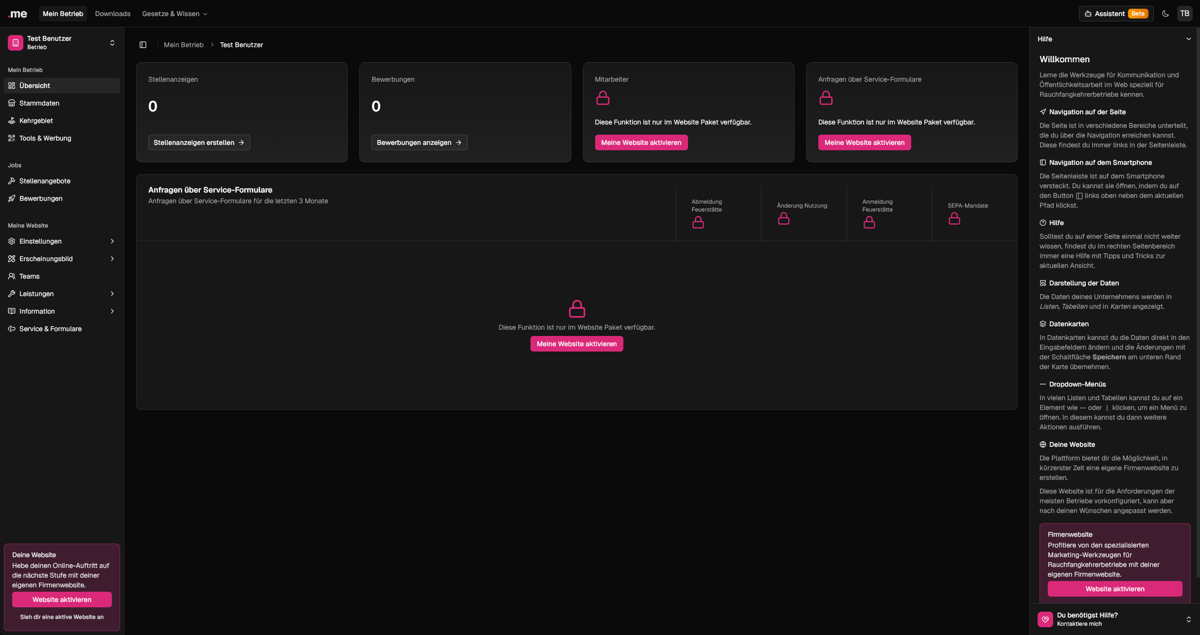 Dashboard mit mehreren 'Website aktivieren'-Schaltflächen in verschiedenen Bereichen – Klick auf eine beliebige Schaltfläche startet den Prozess