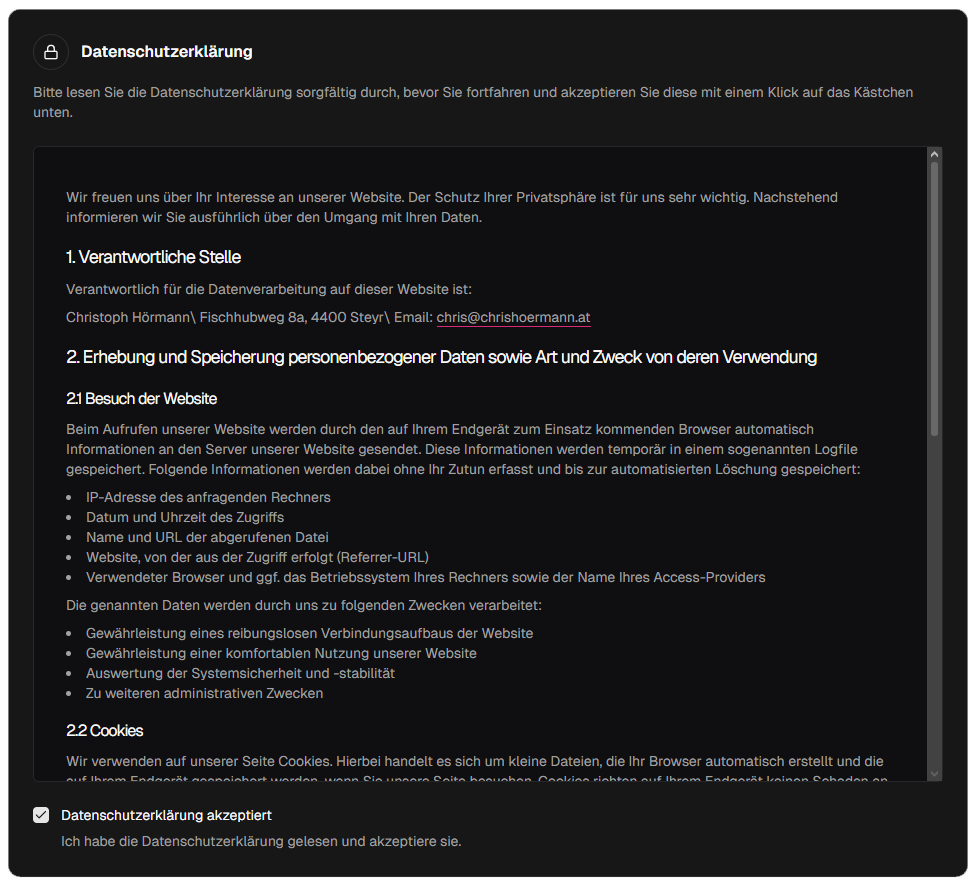 Datenschutz-Karte mit Informationen zum Datenschutz und „Ich stimme der Datenschutzerklärung zu“-Checkbox