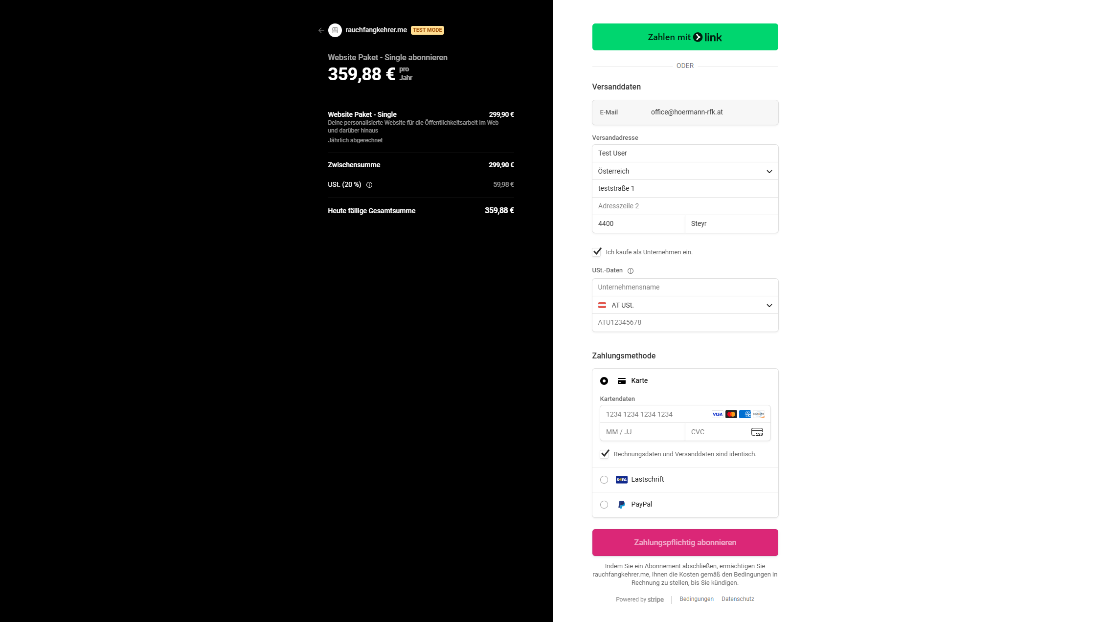 Stripe-Checkout-Seite mit Eingabefeldern für E-Mail, Kartendaten und Adresse
